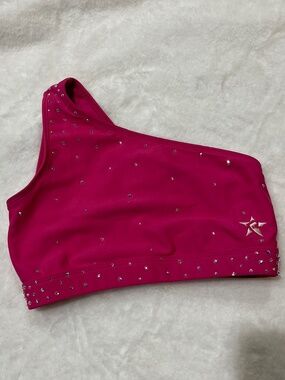 Kids One-Shoulder Dance Top in Hot Pink with Rhinestones